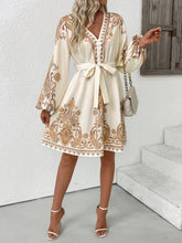 Printed Tie Waist Long Sleeve Dress